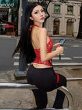 Red Lace Sheer Halter Crop Top And Flare Pants Set-Outfit