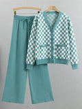 Plaid Sweater Two Piece Set Fall Winter V-neck Knit Cardigan Jackets Conjuntos Casual High Waist Wide Leg Pants Outfits