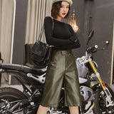 Size British Style Autumn Winter Women's PU Leather Short High Waist Motor Five Point Trouser Casual Straight