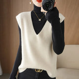 Fongt Blend 2024 Autumn Winter New Ladies Loose V-Neck Short Solid Color Set Knit Vest Vest Vest-Outfit
