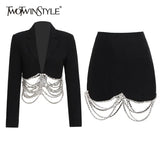 TWOTWINSTYLE Casual Patchwork Chain Two Piece Set Women Notched Long Sleeve Blazer Temperament Skirts Women's Set Spring