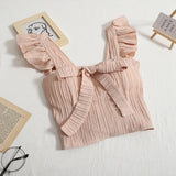 Top Sweet Design Sense Short Solid Color Bow Vest Sling Short Flounce Top-Outfit
