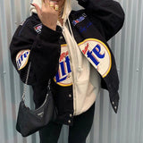Long Sleeve Varsity Jacket Bomber Jacket Women Stand Collar Letter Print Single-Breasted Casual Thin Outerwear ropa