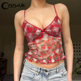 Vintage y2k Mesh Crop Top Women Summer Floral Print Sleeveless Patchwork Spaghetti Strap Tops Ladies Sexy Aesthetic Tees-Outfit