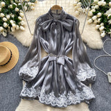 Fongt Dress Women's Neckline Bow Tie With Lantern Sleeve Lace Splicing Bright Face Chiffon Skirt Skirt Skirt