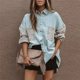 Patchwork Leopard Print Women Imitate Denim Coat Casual Loose Femme Long Sleeve Single Breasted Jacket Loose Lapel