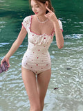 Holiday Girl Cherry Print Bare Back Dress Bubble Sleeve Square Collar