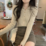 Fongt Sense Of The Small V-Neck Long-Sleeved Knitted Shirt Women's Autumn And Winter New Half-Opened Collared Blouse Bottom