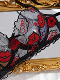 Black Lips Embroidery Sheer Lingerie Set-Outfit