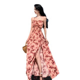 Fongt Photo Rose Vacation Style Hanging Ter Dress Retro Back Super Slim Slit Dress-Outfit