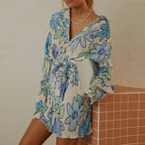 Fongt Dress 2025 Women's New Dress Flower Print Skirt With Long-Sleeved Dress