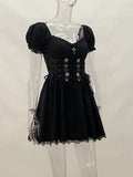 Cross Print Strap Shoulder Lace Spliced Dress Dark Sexy Slim Princess Dress-Outfit