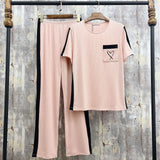 Summer Women's Solid Color Pit Strip Love Embroidery Set Collision Color Pajamas Set Home Clothes-Outfit