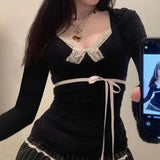 Desire Girls Feel Lace, Bow, Stitching, Slim, Sweet And Spicy V-Collar Long-Sleeved T-Shirt