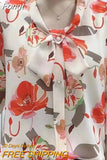 Autumn 2023 Elegant Fashion Printing Bow Half Sleeve Pullovers for Women Blouses Casual Chic Button Chiffon Shirt