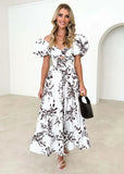 Fongt Spring Summer New Temperament Printing Bubble Sleeve High-End Dress Women