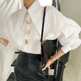 Fashion Elegant Blouse Retro Loose Autumn Thin All-match Tops Lapel Turn Down Collar Lantern Sleeve Casual Shirt