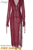 Through Women's Summer Mesh Dress for Beach V Neck Long Sleeve Transparent Maxi Dresses for Women Beachwear Pink