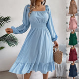 Spring And Summer Leisure Solid Color Collar Long Sleeves To Close The Waist Lotus Leaf Side A Dress Women's