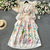 Fongt Court Dress Female Sweet Lace Lace V-Neck Buckle Long Design Print Dress