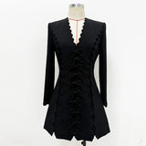 Fongt Star Fashion New Wavy V-Neck Bow Long-Sleeved Dress
