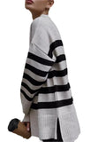 Fongt Autumn And Winter Women's Clothing Jacket Loose Round Collar Bump Color Knitted Striped Sweater Woman