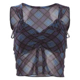 Fongt Summer New Women's Wear Waist Draw Pleated Plaid Crop Small Vest Slim Skirt-Outfit