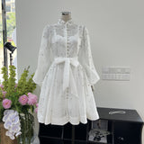 French Niche Collar Heavy Industry Nail Drill Luxury Wind Bubble Long Sleeve Buckle Waist Dress With