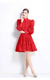 Fongt Elegant Bubble Sleeve Lace Splicing Mesh Dress Women's Court Collar Lantern Sleeve A-Word Skirt
