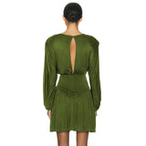 Temperament Round Neck Lantern Sleeve Dress Sexy Hot Girl Slim Pleated Skirt Elegant Party Club Outfit Vestidos-Outfit