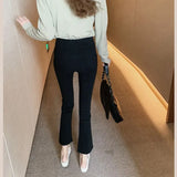 Fongt Fork Micro Bell Pants Female Irregular Edge Nine Pants Autumn New High Waist Show Thin Eight Pants Elastic Pants-Outfit