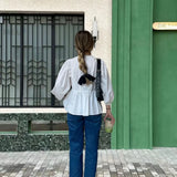 New Sweet Casual Strap Round Collar Bubble Sleeve Versatile Shirt-Outfit