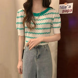 Fongt Ice Silk Striped Knitted Short-Sleeved T-Shirt For Women's 2023 Summer New High-Waisted Loose Bubble Sleeve Short