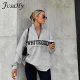 Autumn Letter Print Hoodies for Women Harajuki Style Turtleneck Zipper Long Sleeves Loose Pullovers Casual