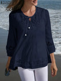 Summer Lace Crochet Blouse Women Elegant 3/4 Sleeve Patchwork Shirt Casual Hollow Out Tops Solid Loose Work Blusas