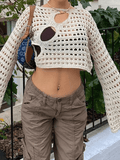 Hollow Out Long Sleeve Knit Crop Top-Outfit