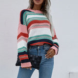 Patchwork O-neck Women's Sweater 2021 Autumn Winter Long Sleeve Drop Shoulder Female Pullovers Loose Fashion