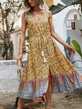 2022 Boho Summer Women's Dress V Neck Floral Print A Line Boho Beach Midi Dress Sexy Party Vacation Sleeveless Slit