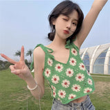 Daisy Contrast Color Women's Crop Top Floral Sleeveless Cami Vest Scoop Neck Loose Beach Crop Tank Top-Outfit