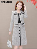 Plaid 2 Piece Dress Sets Spring Fall Elegant Long Sleeve Cropped Jacket Slim Ol Lapel Dresses Suits Oversize 4xl