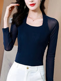 Women Sheer Mesh Blouse Square Collar Slim See-Through Mesh Long Sleeve Top Elegant Blouses Skinny Club shirts-Outfit