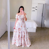 Fongt New Spring And Summer Women's Dress A Word Broken Shoulder Long Printed Fairy