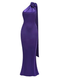 Purple Satin Halter Neck 3D Flower Design Backless Maxi Dress-Outfit