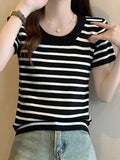 New Summer Style Xiaoxiangfeng Spliced Striped Short-Sleeved Knitted Cedar Thin Ice Silk T-Shirt-Outfit