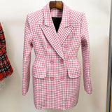 STREET Newest 2022 Fall Winter Fashion Designer Overcoat Women's Pink Houndstooth Tweed Wool