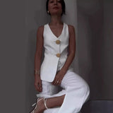 Fongt Women's Temperament Elegant Solid Color V-Neck Sleeveless Vest High-Rise Broad Leg Trousers Set
