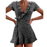 Women Boho Beach Dress Ruffle V Neck Short Sleeve Little Flowers Printing High Waist Mini Vestidos Casual Party