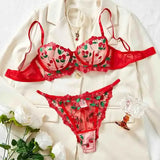 Red Cherry Embroidery Sheer Lingerie Set-Outfit