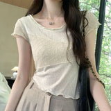 Minority Design Temperament Texture Fabric Spliced Shoulder Short-Sleeved T-Shirt Women's Summer 2024 New