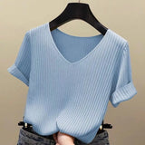 Short Sleeve Blouse Women Tops 2021 Solid Korea Summer Shirt Thin V-neck Knit Female Tee Shirt Dames Gebreid Shirt